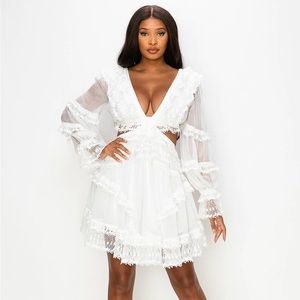 Woven Long Sleeve Open Back Ruffle Dress